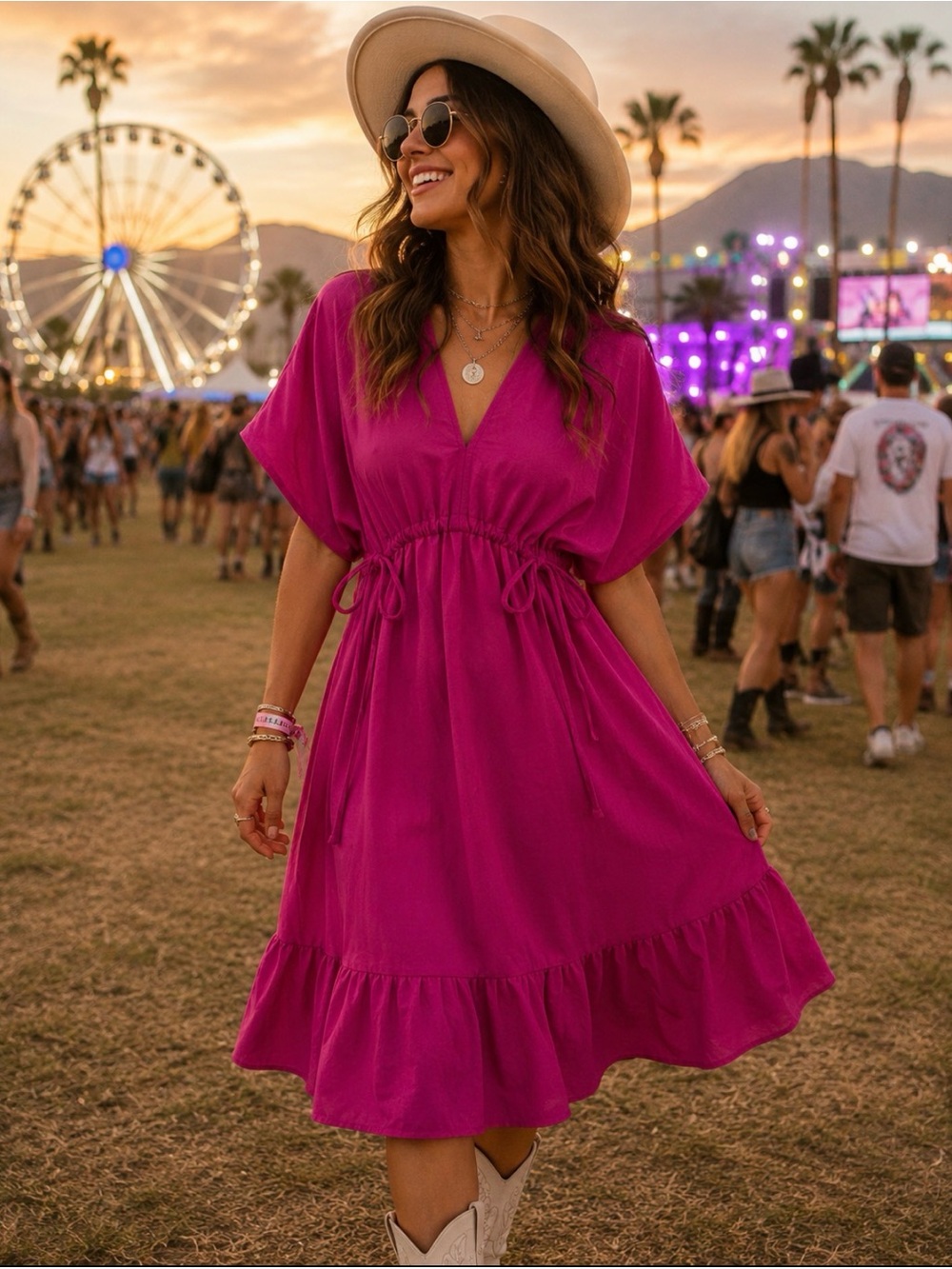 Dokotoo Fuchsia V-Neck Drawstring Midi Dress